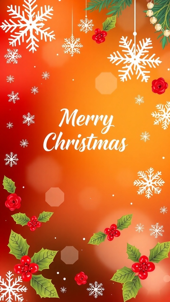 A colorful Christmas card background with snowflakes, trees, and holly leaves.